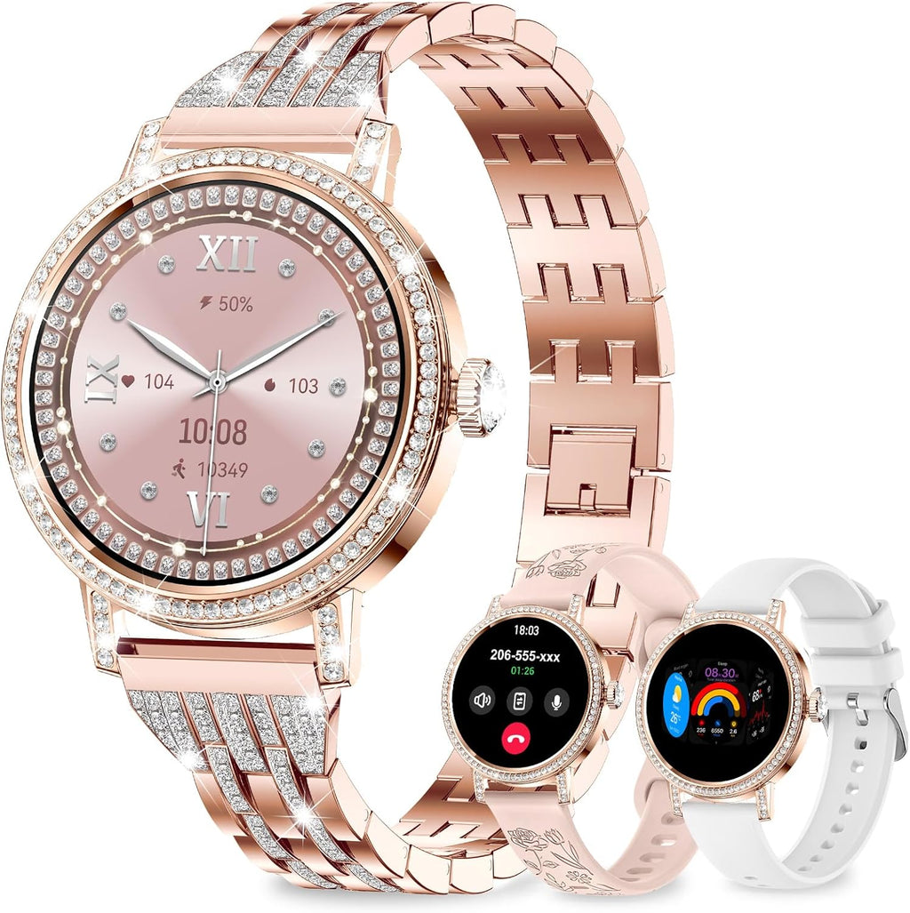 Smartwatch Damen Roségold mit Bluetooth Anruf & Diamant Design – Fitness Tracker mit 3 Armbändern