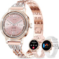 Smartwatch Damen Roségold mit Bluetooth Anruf & Diamant Design – Fitness Tracker mit 3 Armbändern