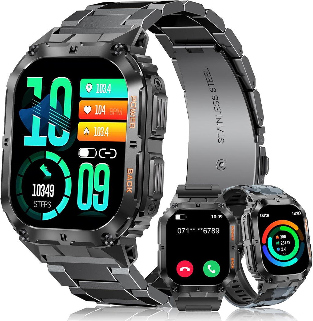 Smartwatch Herren mit Bluetooth Anruf & 3 Armbändern – Fitness Tracker Outdoor Sportuhr AMOLED