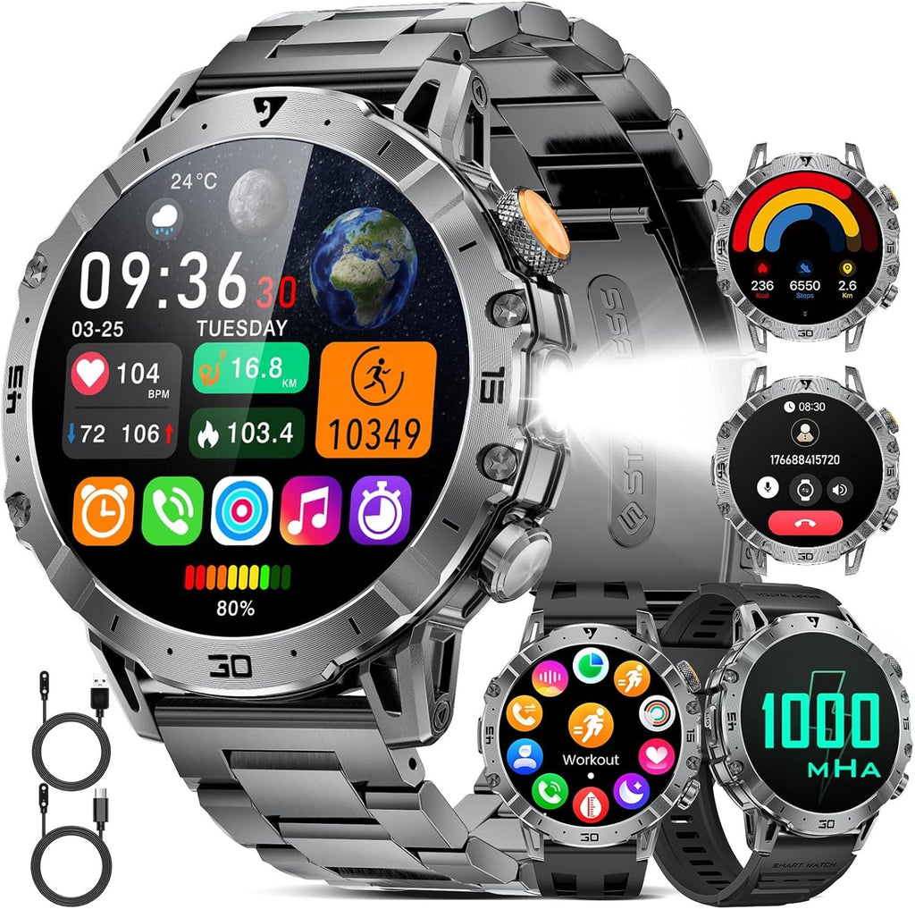 Smartwatch Herren mit Bluetooth Anrufen, LED-Taschenlampe & 1000mAh Akku