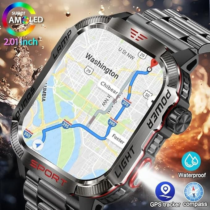 Smartwatch für Herren Outdoor Watch Robust Wasserdicht Taschenlampe Telefon für iOS Android