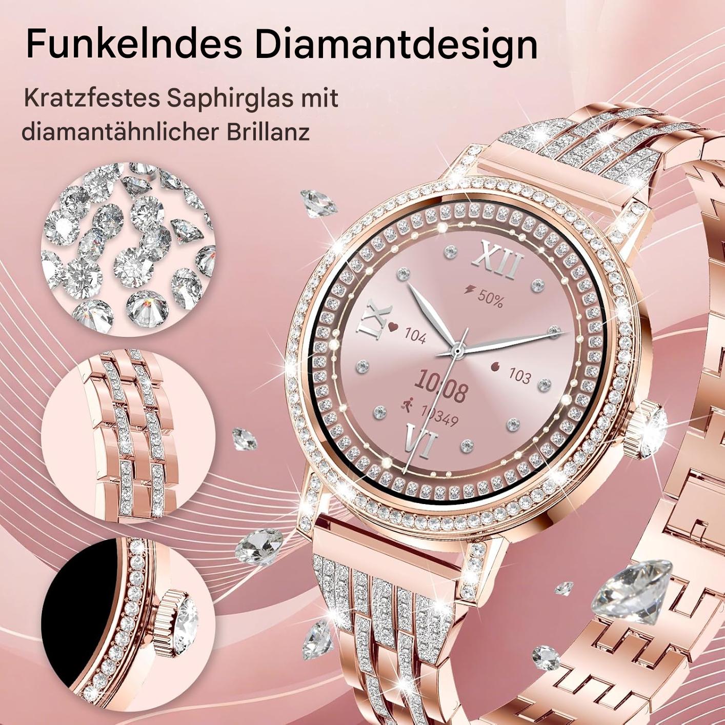Smartwatch Damen Roségold mit Bluetooth Anruf & Diamant Design – Fitness Tracker mit 3 Armbändern
