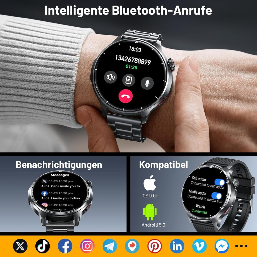 Smartwatch Herren - Wasserdicht mit Telefonfunktion Armbanduhr für iOS Android