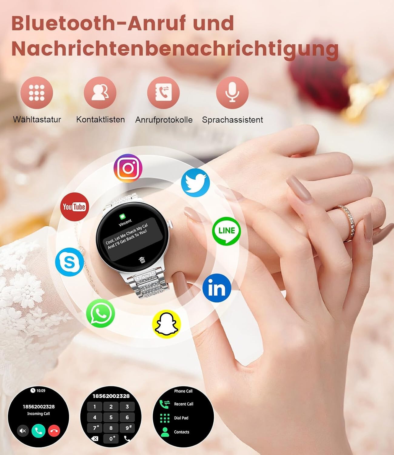 Smartwatch Damen und Frauen mit Telefonfunktion Armbanduhr Wasserdicht