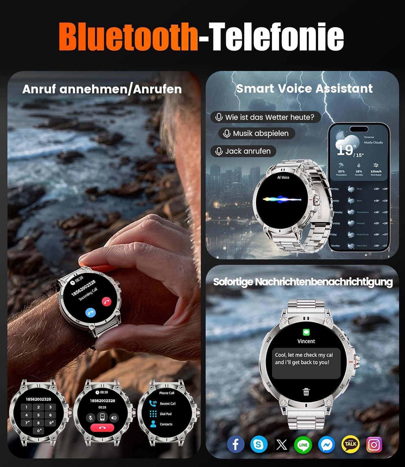 Smartwatch Herren mit Telefonfunktion Wasserdicht für Android iOS