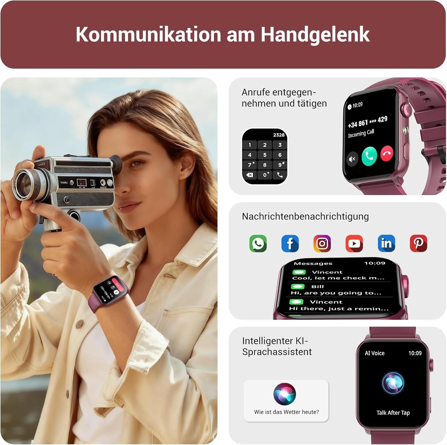 Smartwatch für Damen mit Taschenlampe Telefonfunktion Wasserdicht für Android iOS