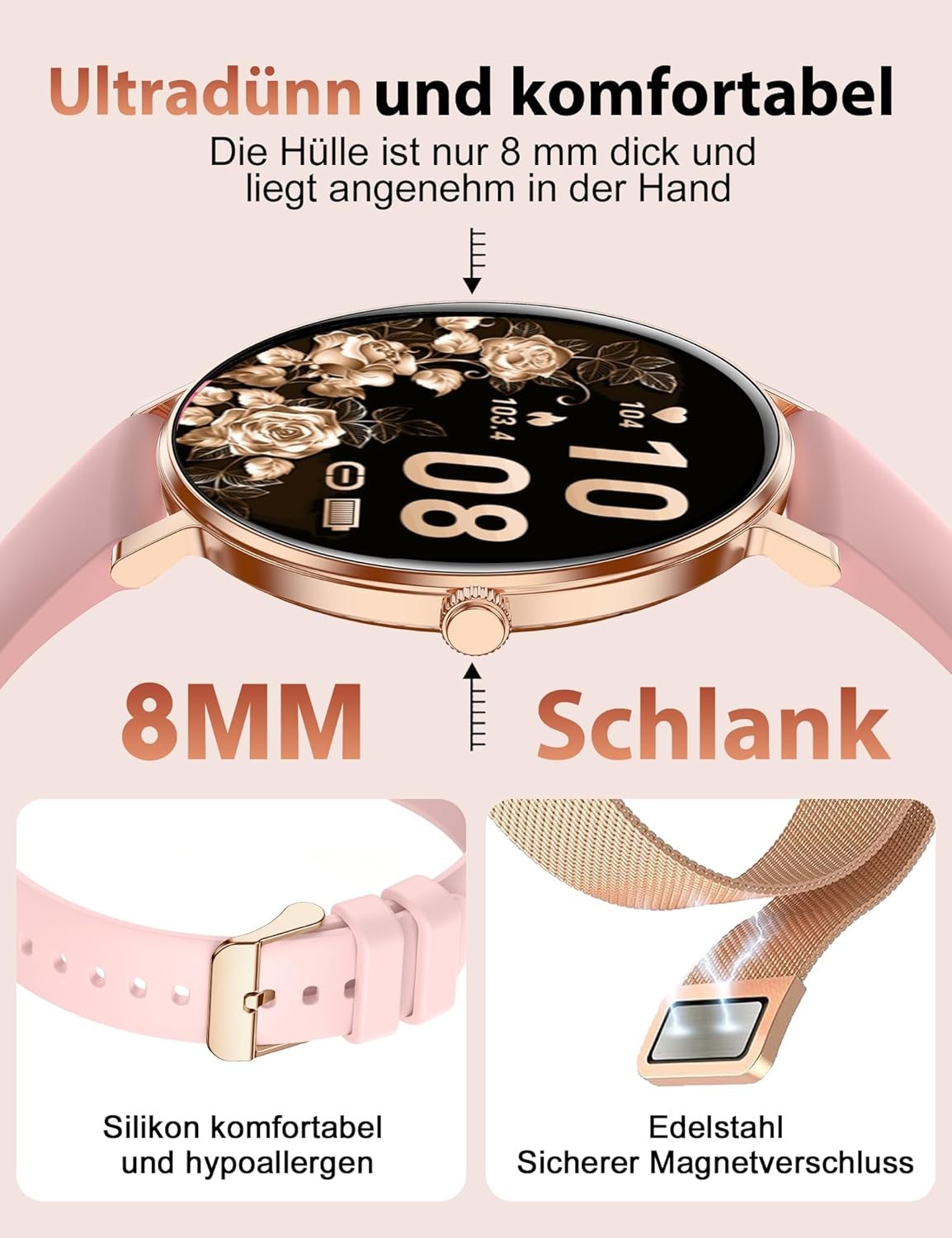 Smartwatch Damen - Bluetooth Wasserdicht Armbanduhr für iOS Android Elegant