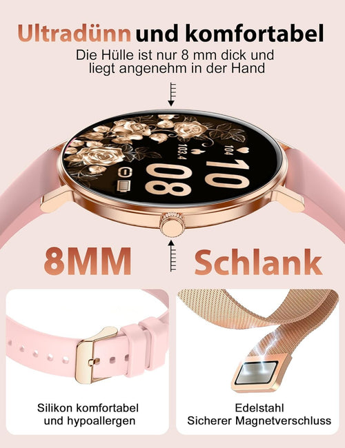 Smartwatch Damen - Bluetooth Wasserdicht Armbanduhr für iOS Android Elegant
