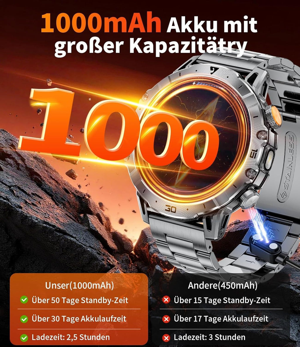 Smartwatch Herren mit Bluetooth Anrufen, LED-Taschenlampe & 1000mAh Akku