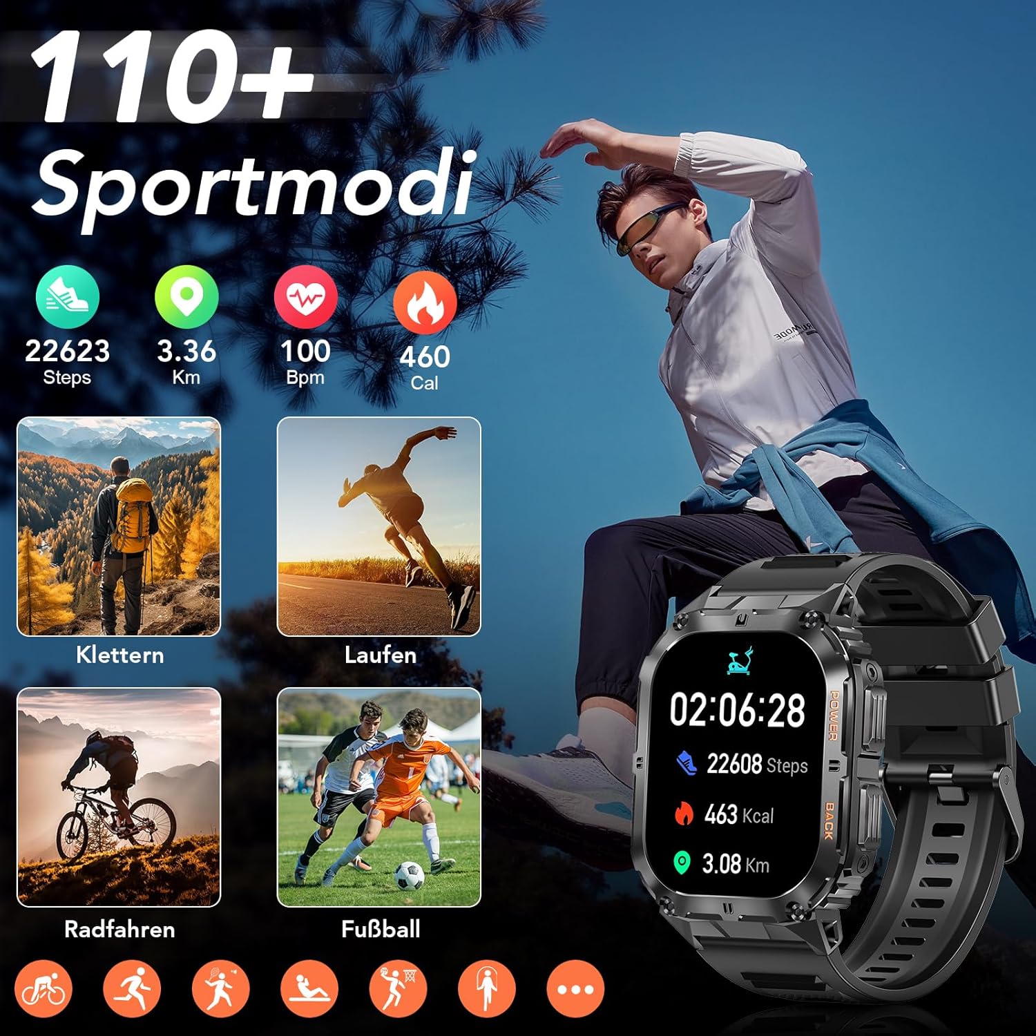 Smartwatch Herren mit Bluetooth Anruf & 3 Armbändern – Fitness Tracker Outdoor Sportuhr AMOLED