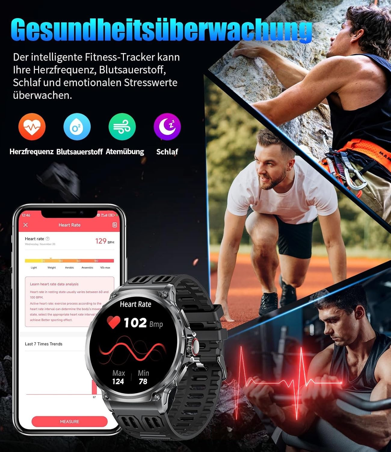 Smartwatch Herren und Männer Telefonfunktion Armbanduhr Wasserdicht