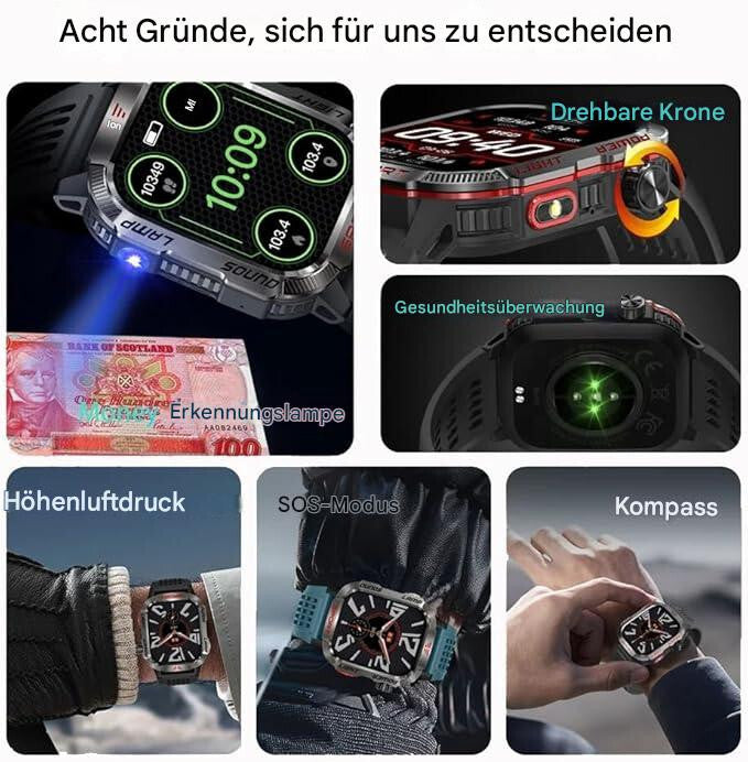 Smartwatch für Herren Outdoor Watch Robust Wasserdicht Taschenlampe Telefon für iOS Android