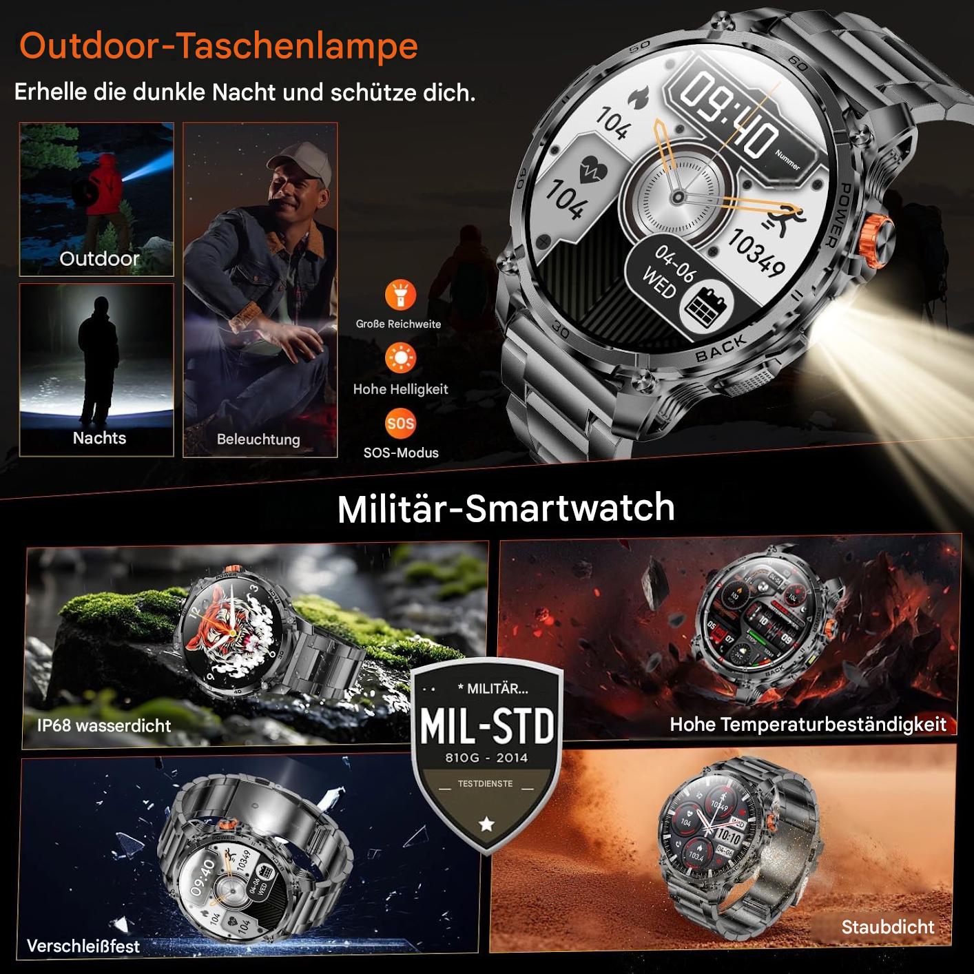 Smartwatch Herren Männer - Taschenlampe Telefonfunktion Armbanduhr für iOS Android