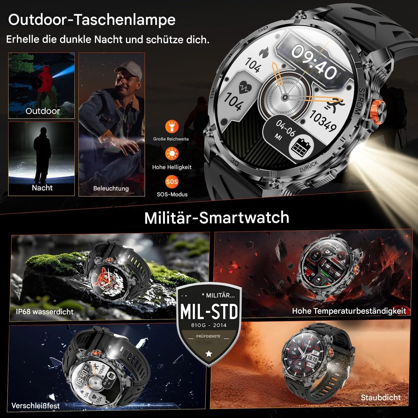 Smartwatch für Männer - Taschenlampe mit Telefonfunktion für iOS Android Outdoor