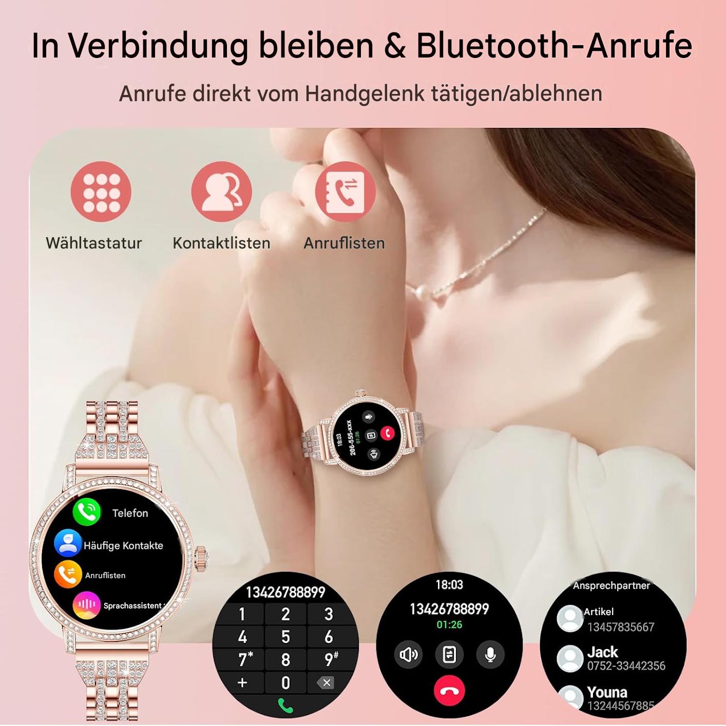Smartwatch Damen Roségold mit Bluetooth Anruf & Diamant Design – Fitness Tracker mit 3 Armbändern
