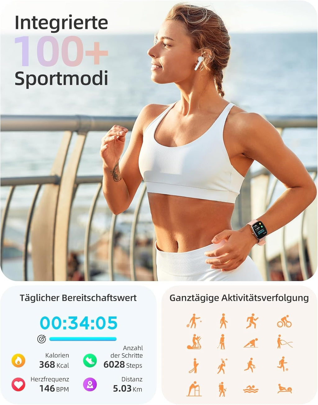 Smartwatch Damen und Frauen mit Telefonfunktion Armbanduhr für iOS Android