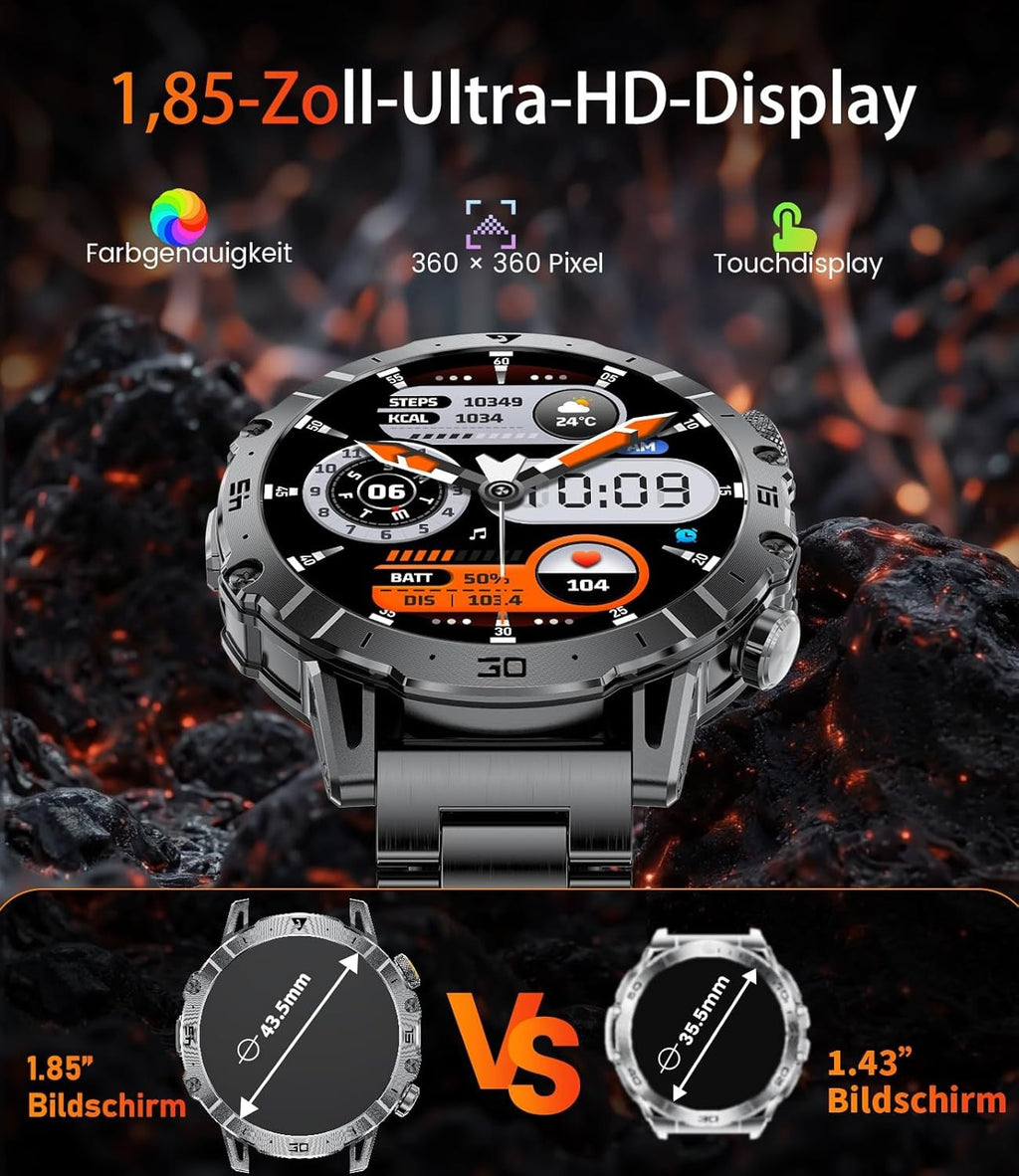 Smartwatch Herren mit Bluetooth Anrufen, LED-Taschenlampe & 1000mAh Akku