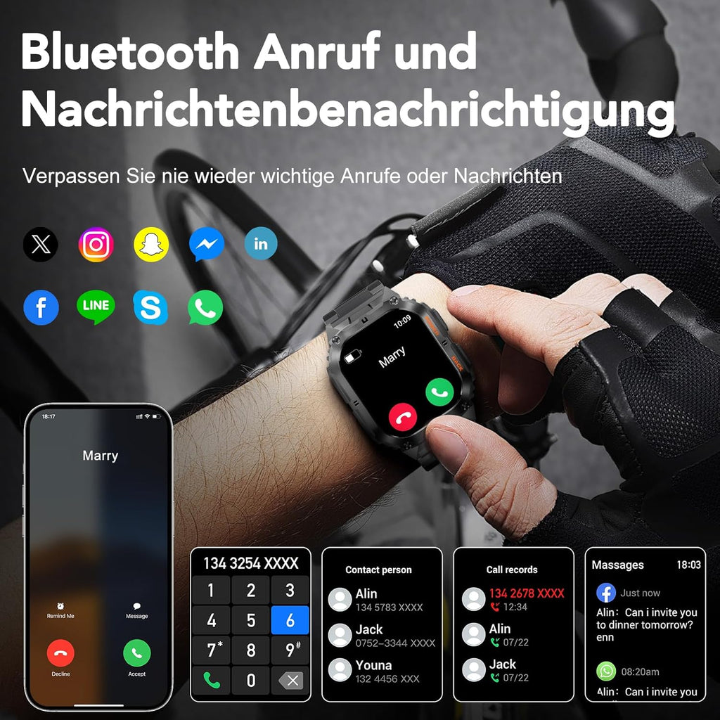 Smartwatch Herren mit Bluetooth Anruf & 3 Armbändern – Fitness Tracker Outdoor Sportuhr AMOLED