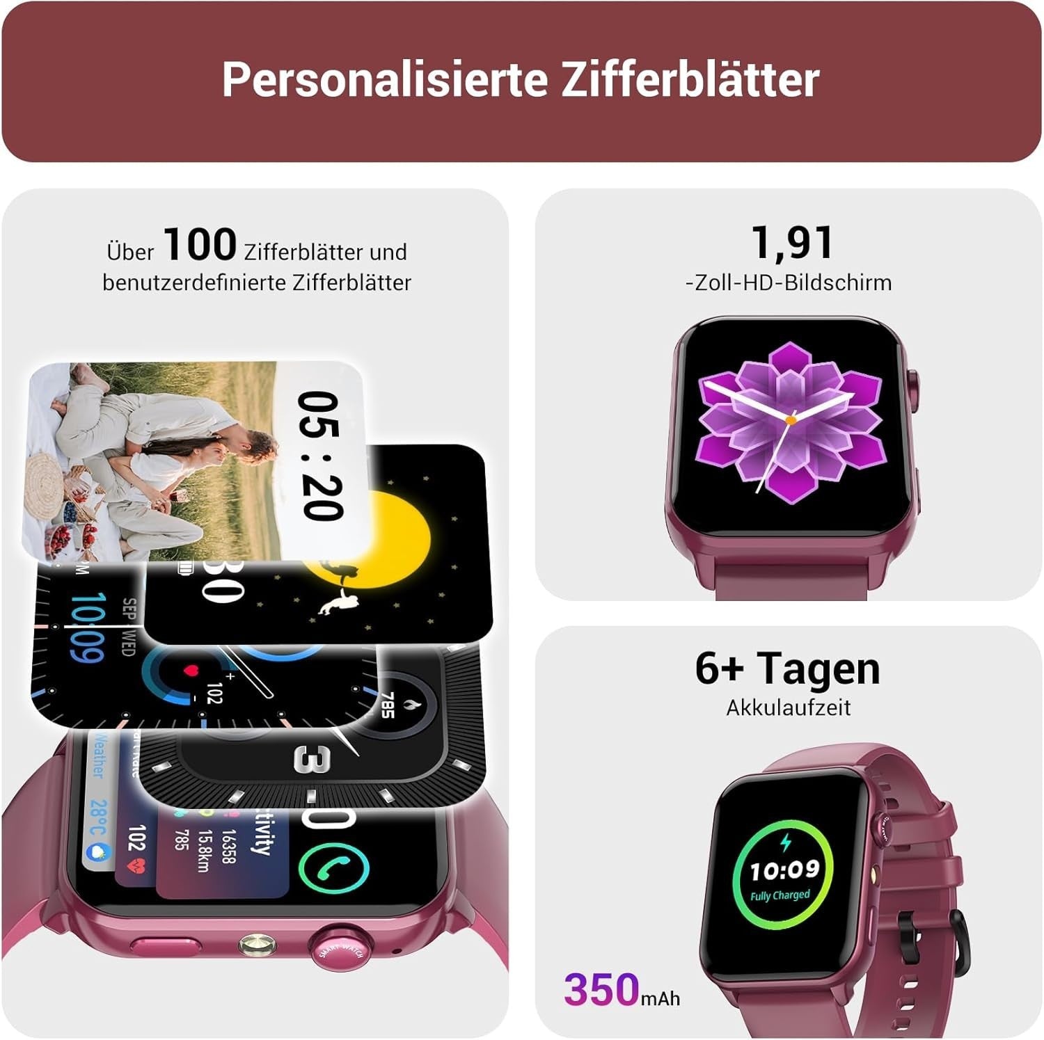 Smartwatch für Damen mit Taschenlampe Telefonfunktion Wasserdicht für Android iOS