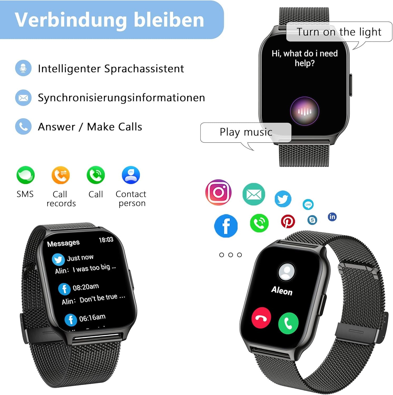 Smartwatch Damen Herren - Telefonfunktion Armbanduhr für iOS Android