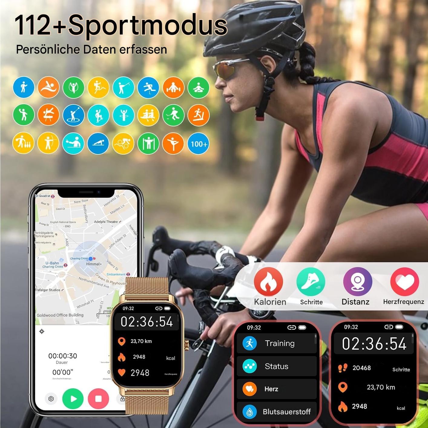 Smartwatch Damen Bluetooth Fitness Tracker mit Pulsmesser für Android & iPhone