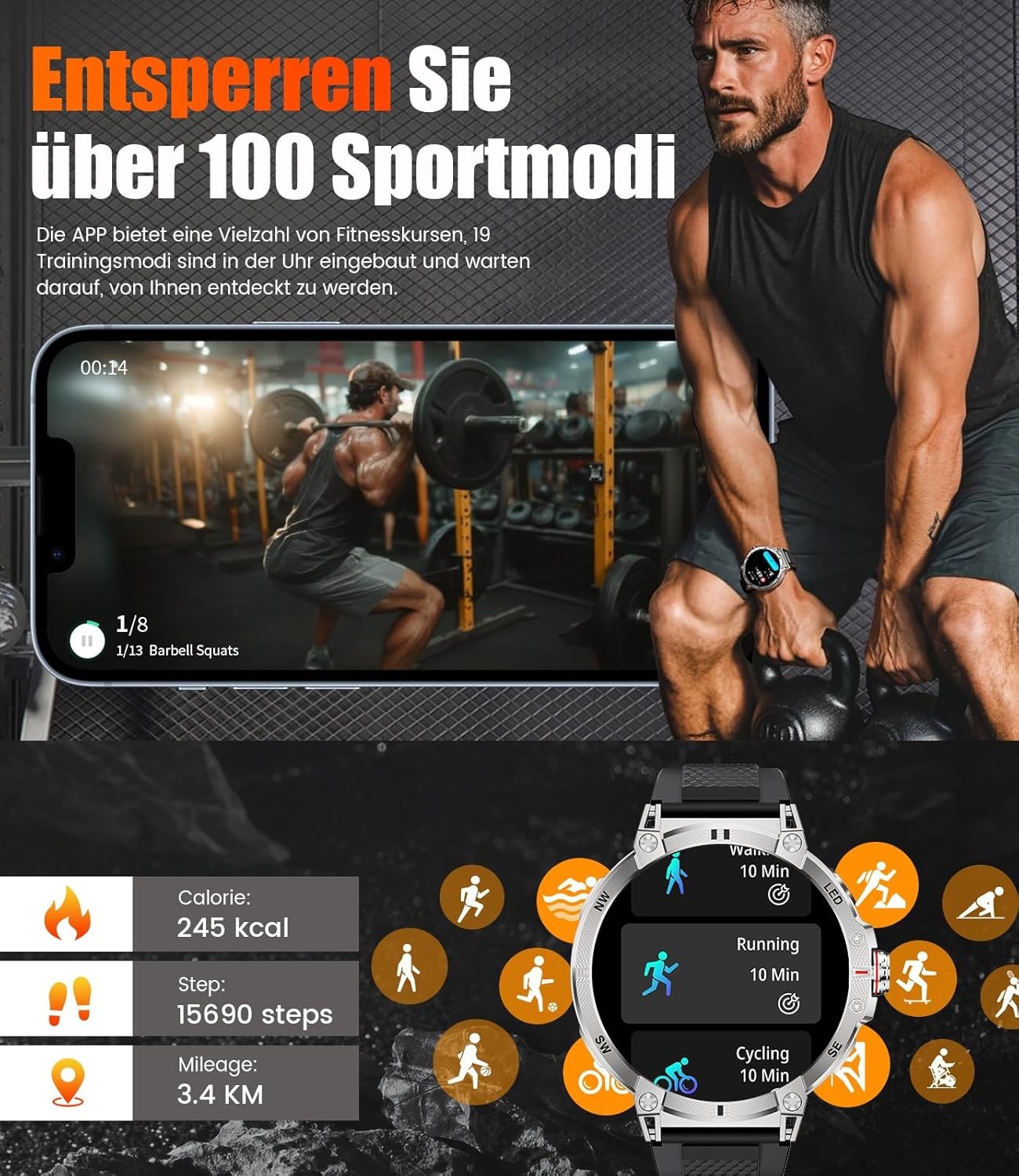 Smartwatch Herren mit Telefonfunktion Wasserdicht für Android iOS