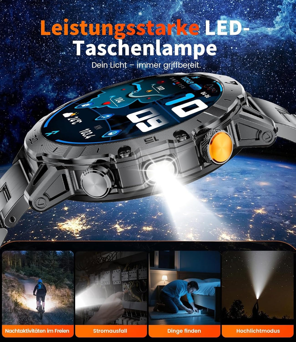 Smartwatch Herren mit Bluetooth Anrufen, LED-Taschenlampe & 1000mAh Akku