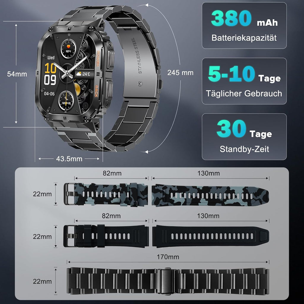 Smartwatch Herren mit Bluetooth Anruf & 3 Armbändern – Fitness Tracker Outdoor Sportuhr AMOLED