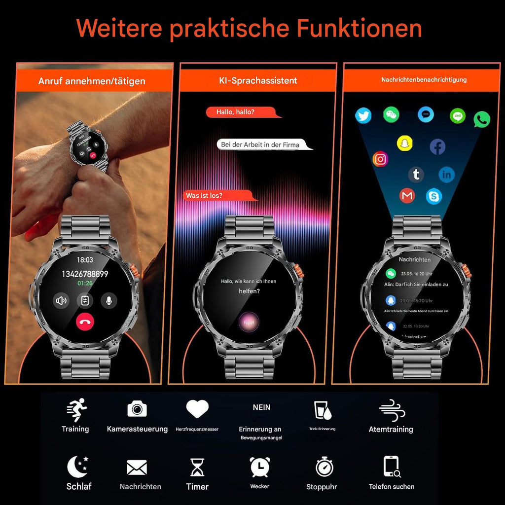 Smartwatch Herren Männer - Taschenlampe Telefonfunktion Armbanduhr für iOS Android