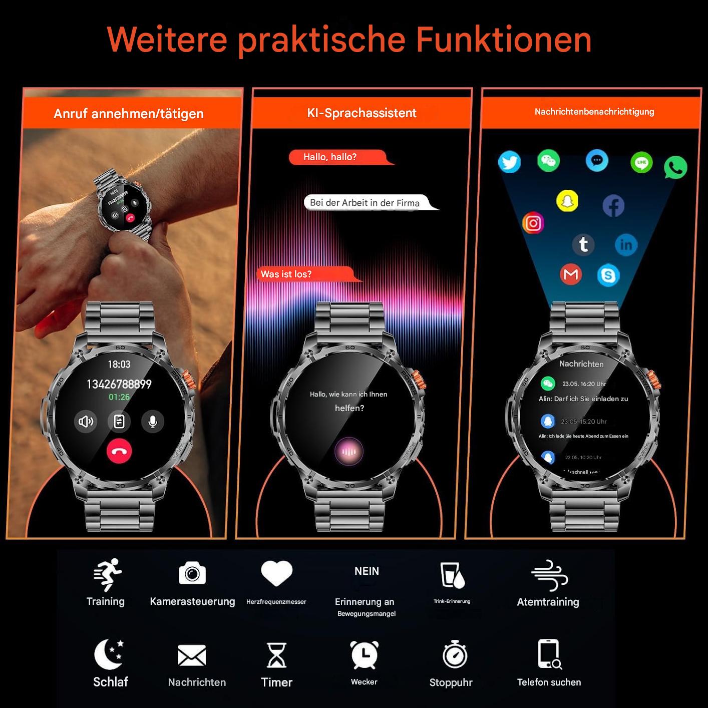 Smartwatch Herren Männer - Taschenlampe Telefonfunktion Armbanduhr für iOS Android