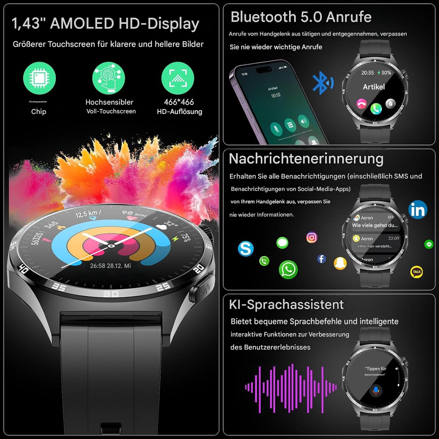 Smartwatch Damen Herren - Elegant & mit Schrittzähler Telefonfunktion