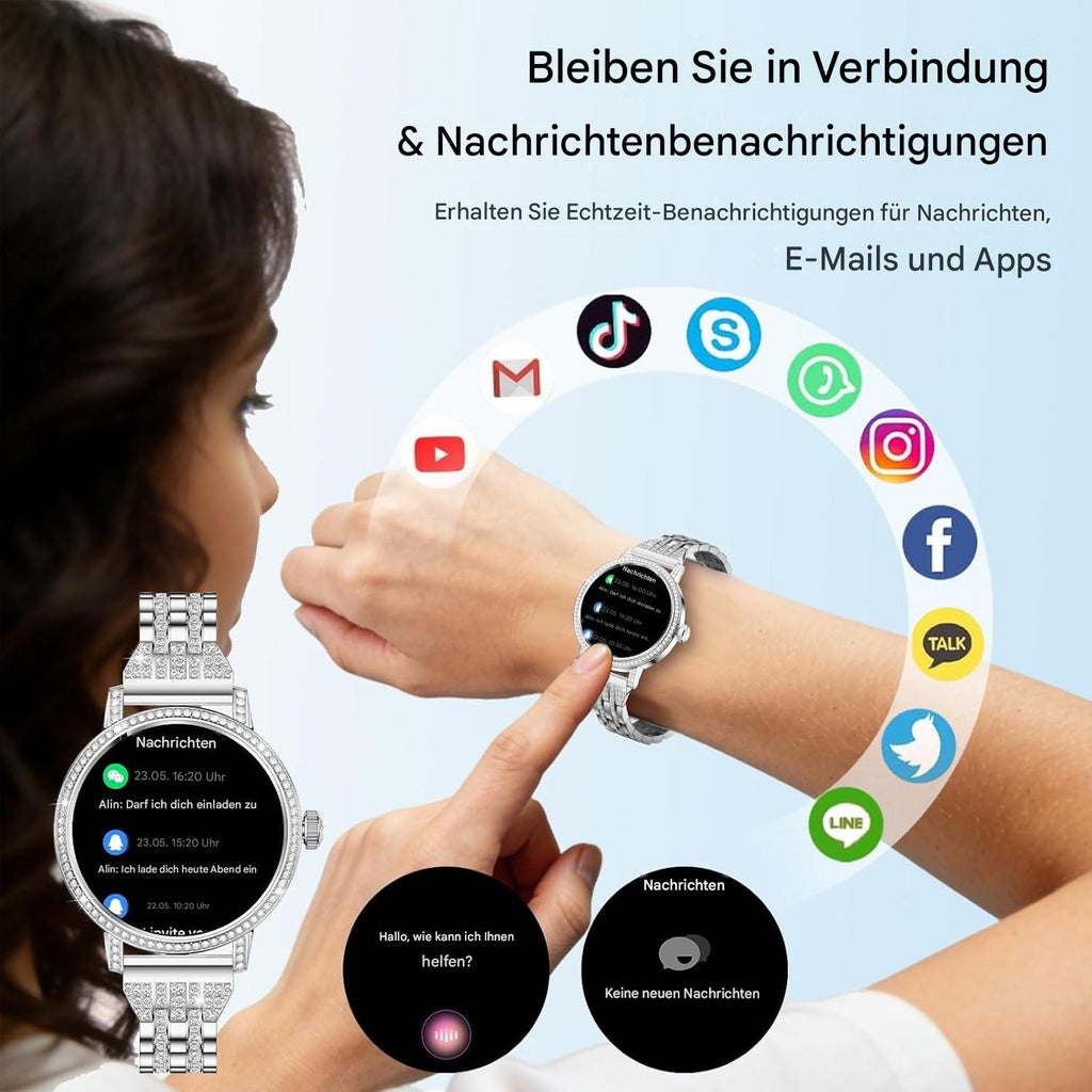 Smartwatch Damen - Diamant Design mit Telefonfunktion Armbanduhr für iOS Android