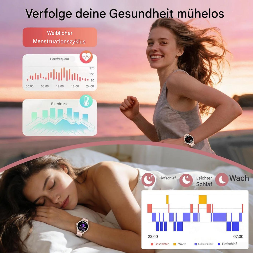 Smartwatch Damen Roségold mit Bluetooth Anruf & Diamant Design – Fitness Tracker mit 3 Armbändern