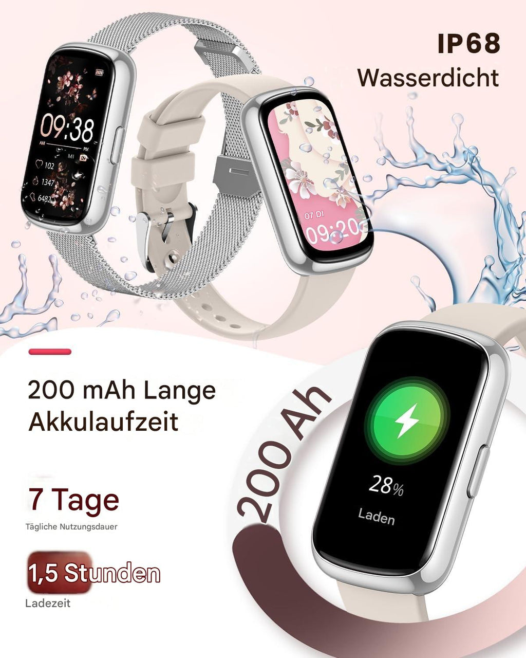 Smartwatch Damen mit Anruffunktion Wasserdicht Armbanduhr für iOS Android