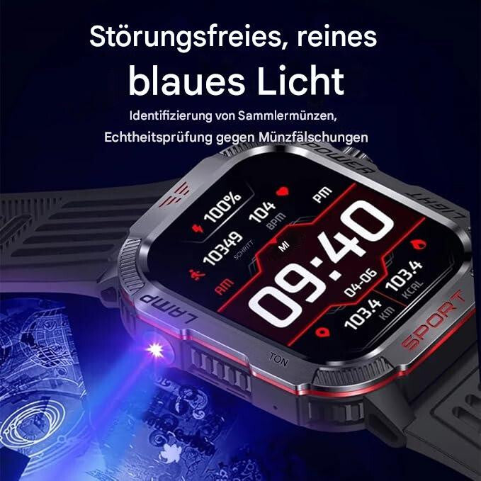 Smartwatch für Herren Outdoor Watch Robust Wasserdicht Taschenlampe Telefon für iOS Android