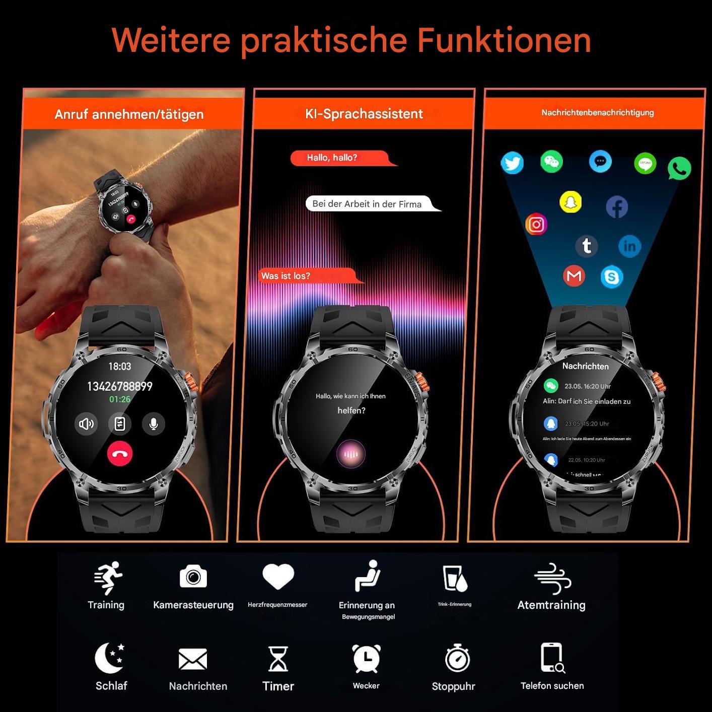 Smartwatch für Männer - Taschenlampe mit Telefonfunktion für iOS Android Outdoor