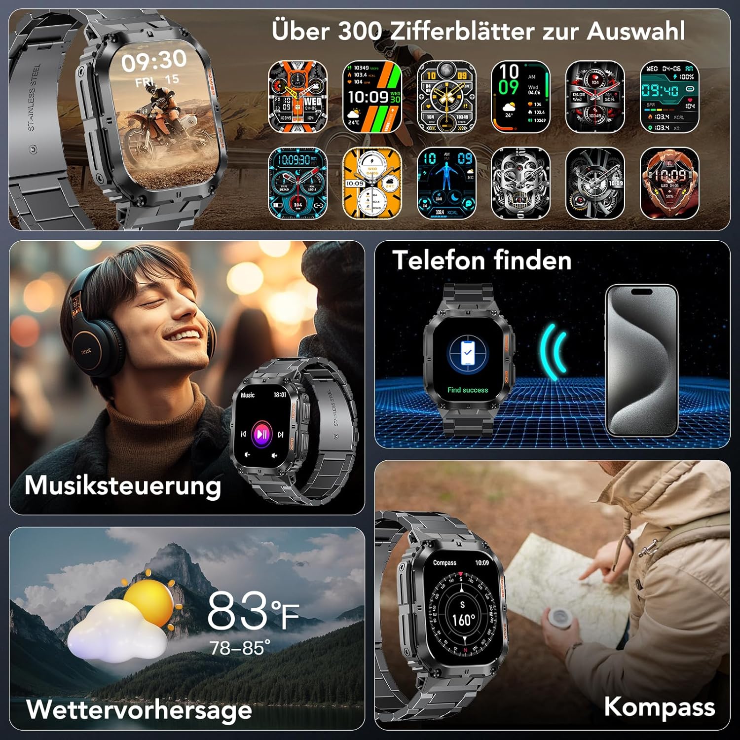 Smartwatch Herren mit Bluetooth Anruf & 3 Armbändern – Fitness Tracker Outdoor Sportuhr AMOLED