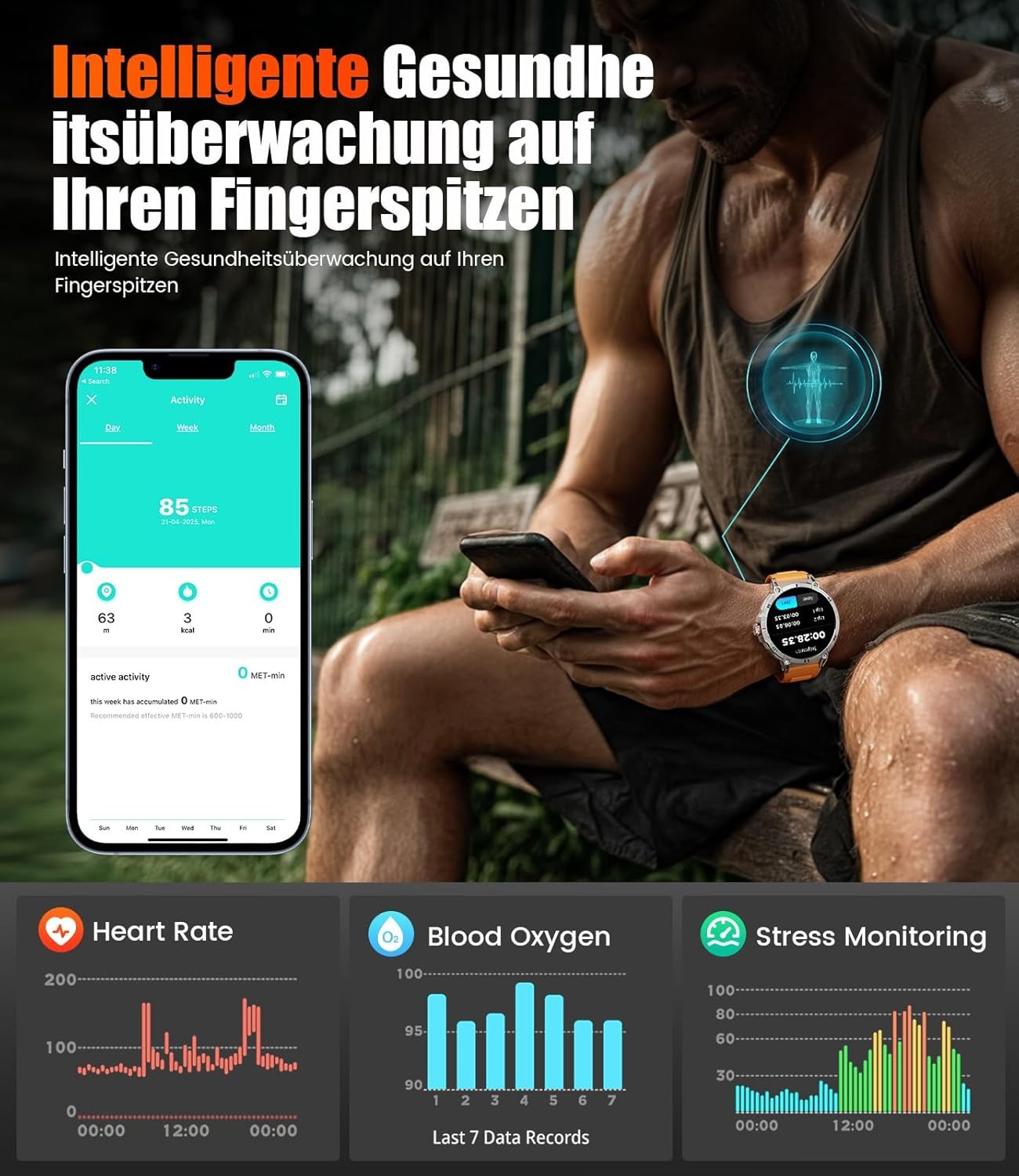 Smartwatch Herren mit Telefonfunktion Wasserdicht für Android iOS