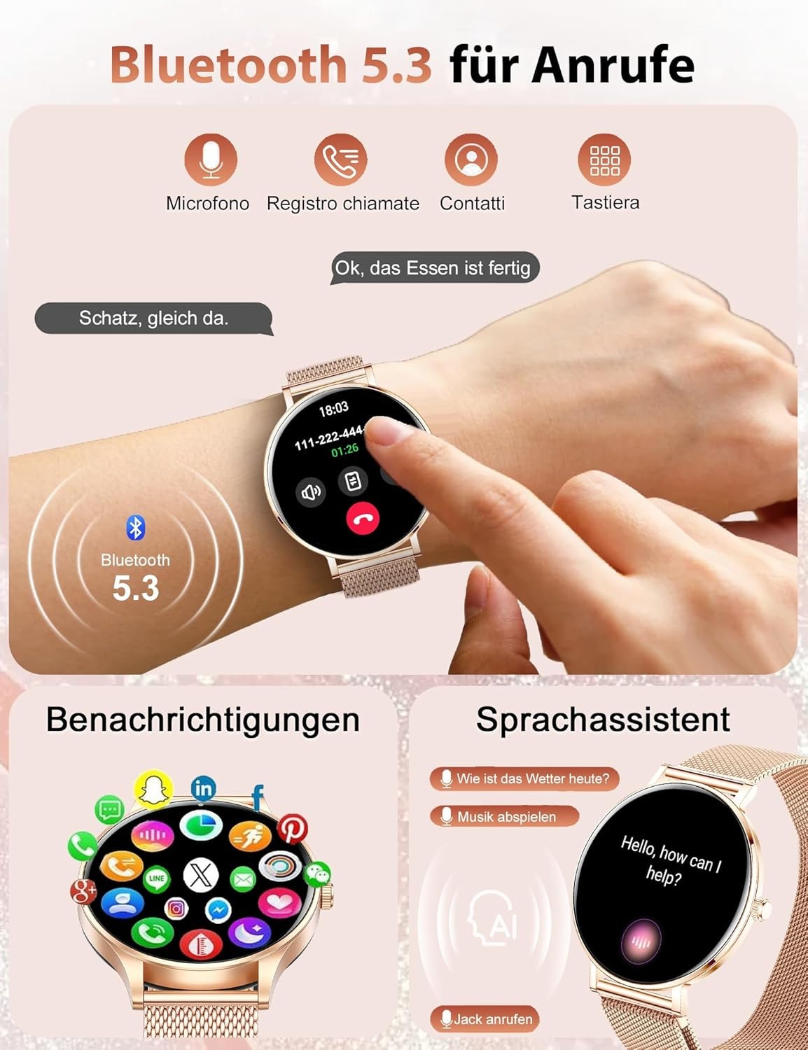 Smartwatch Damen - Bluetooth Wasserdicht Armbanduhr für iOS Android Elegant