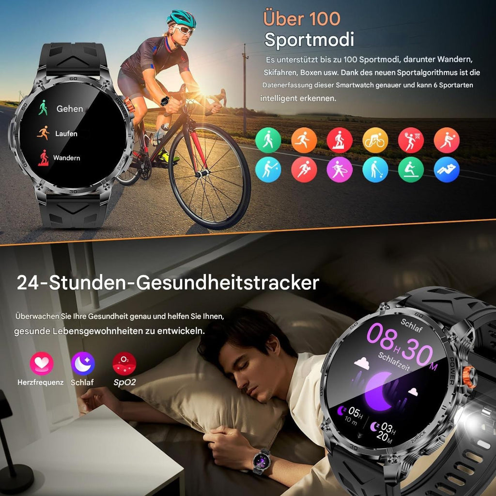 Smartwatch für Männer - Taschenlampe mit Telefonfunktion für iOS Android Outdoor