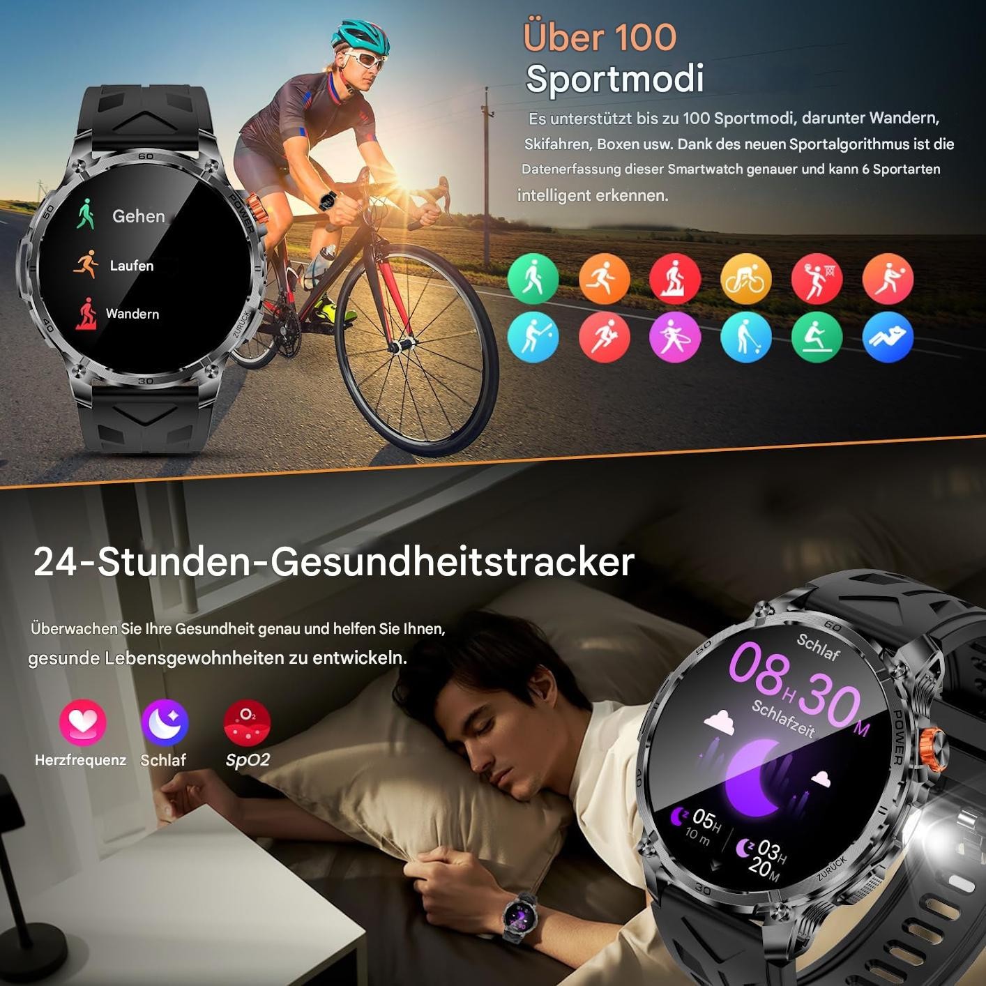 Smartwatch für Männer - Taschenlampe mit Telefonfunktion für iOS Android Outdoor