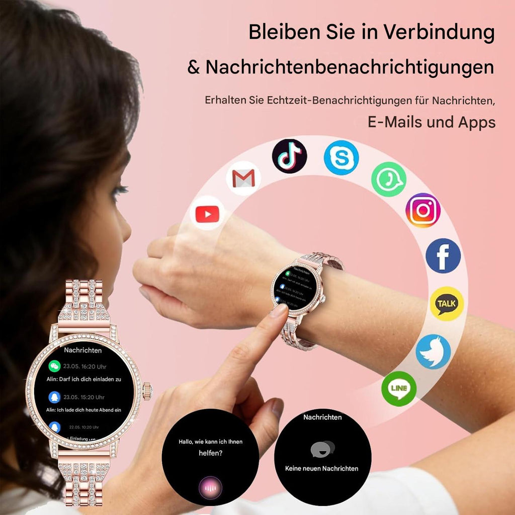 Smartwatch Damen Roségold mit Bluetooth Anruf & Diamant Design – Fitness Tracker mit 3 Armbändern