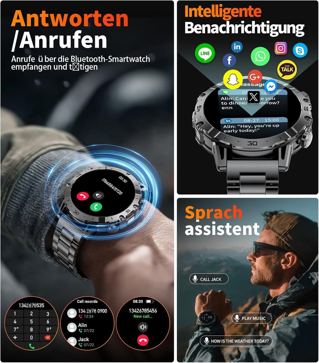 Smartwatch Herren mit Bluetooth Anrufen, LED-Taschenlampe & 1000mAh Akku