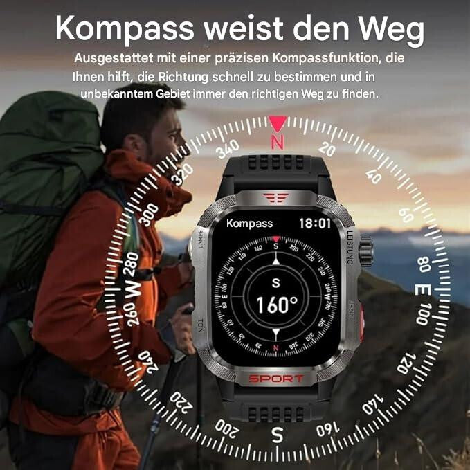 Smartwatch für Herren Outdoor Watch Robust Wasserdicht Taschenlampe Telefon für iOS Android