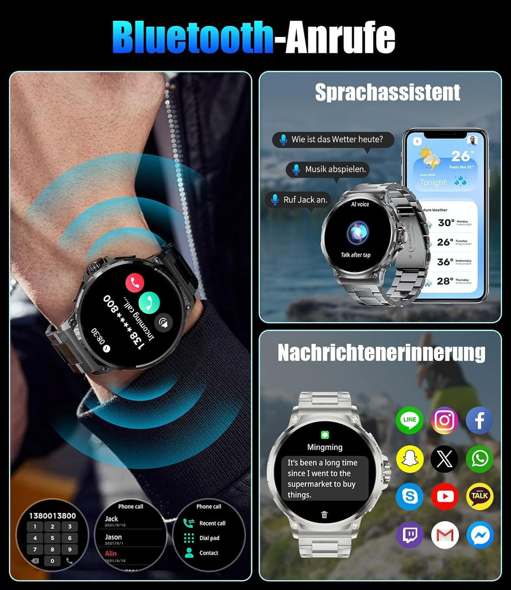 Smartwatch Herren und Männer Telefonfunktion Armbanduhr Wasserdicht
