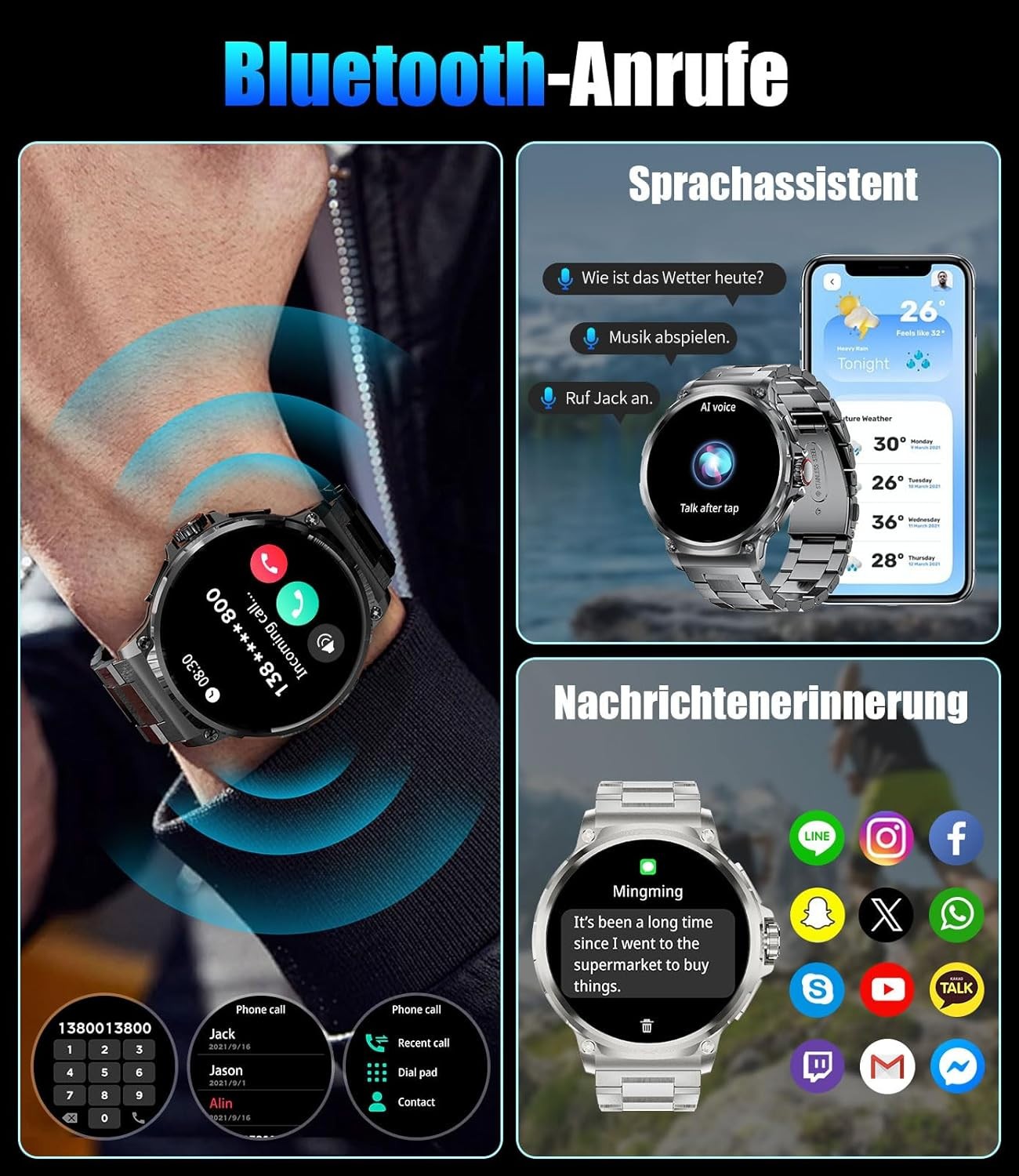Smartwatch Herren und Männer Telefonfunktion Armbanduhr Wasserdicht