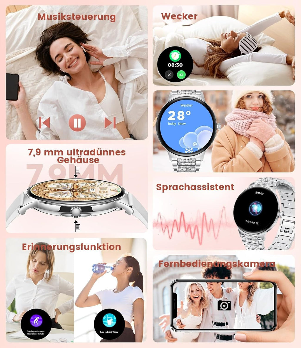 Smartwatch Damen und Frauen mit Telefonfunktion Armbanduhr Wasserdicht