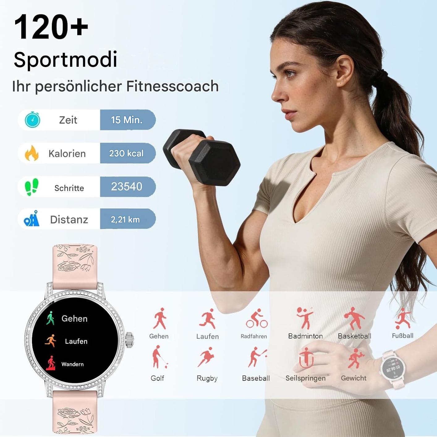 Smartwatch Damen - Diamant Design mit Telefonfunktion Armbanduhr für iOS Android