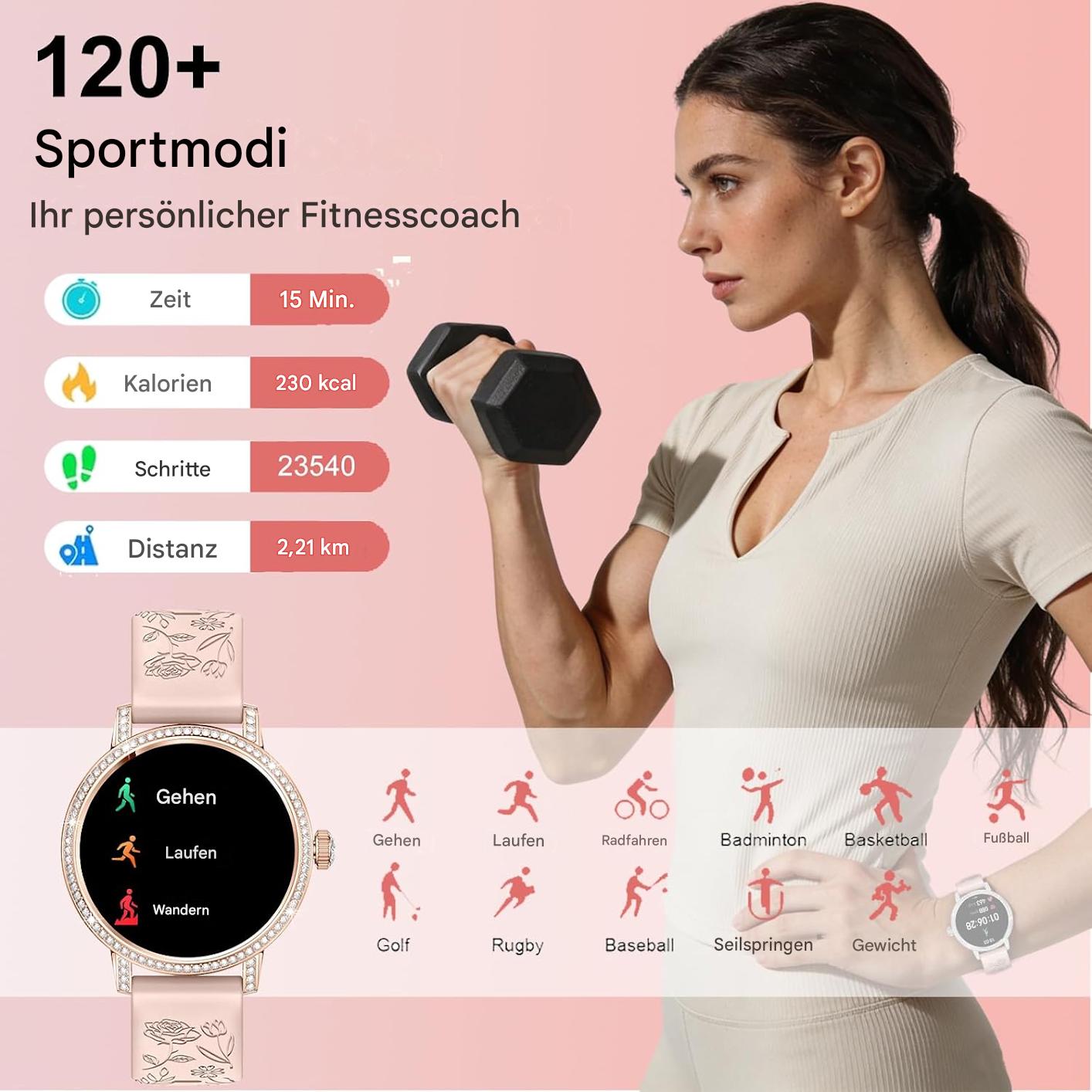 Smartwatch Damen Roségold mit Bluetooth Anruf & Diamant Design – Fitness Tracker mit 3 Armbändern