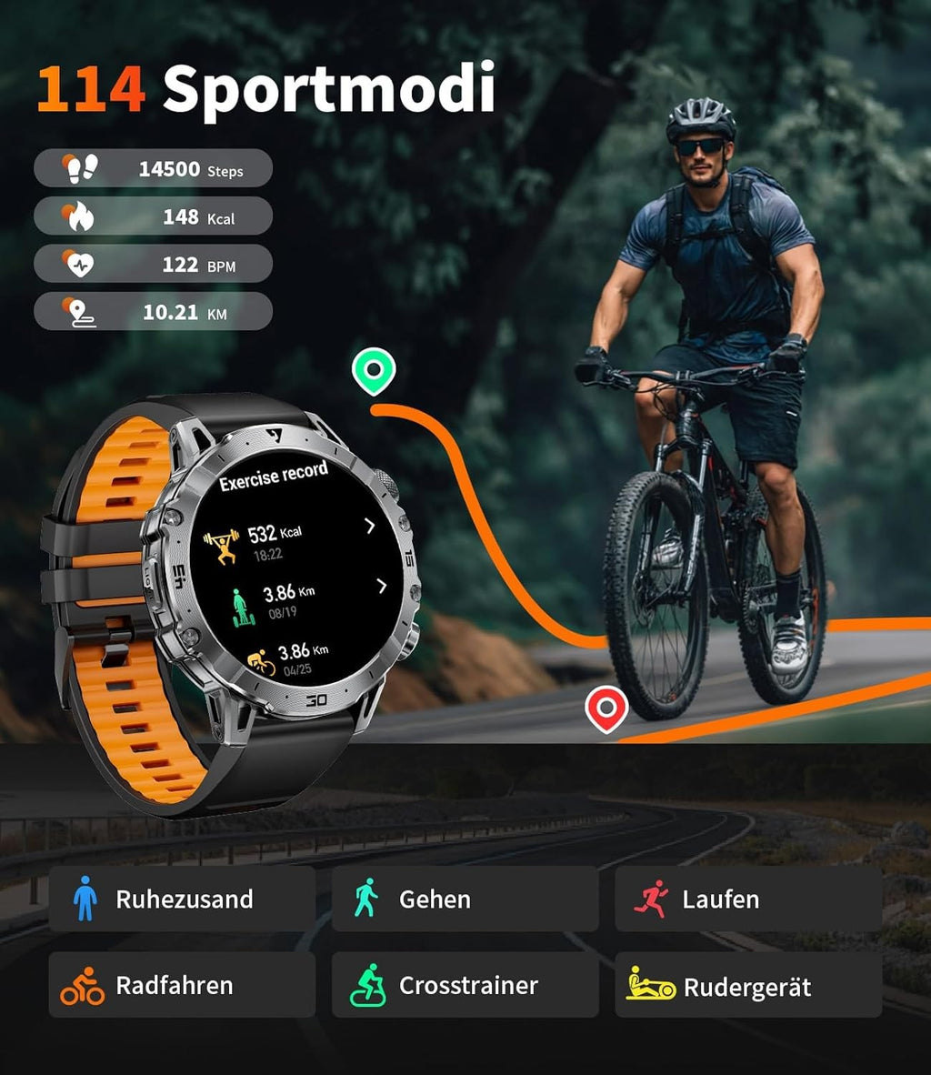 Smartwatch Herren mit Bluetooth Anrufen, LED-Taschenlampe & 1000mAh Akku